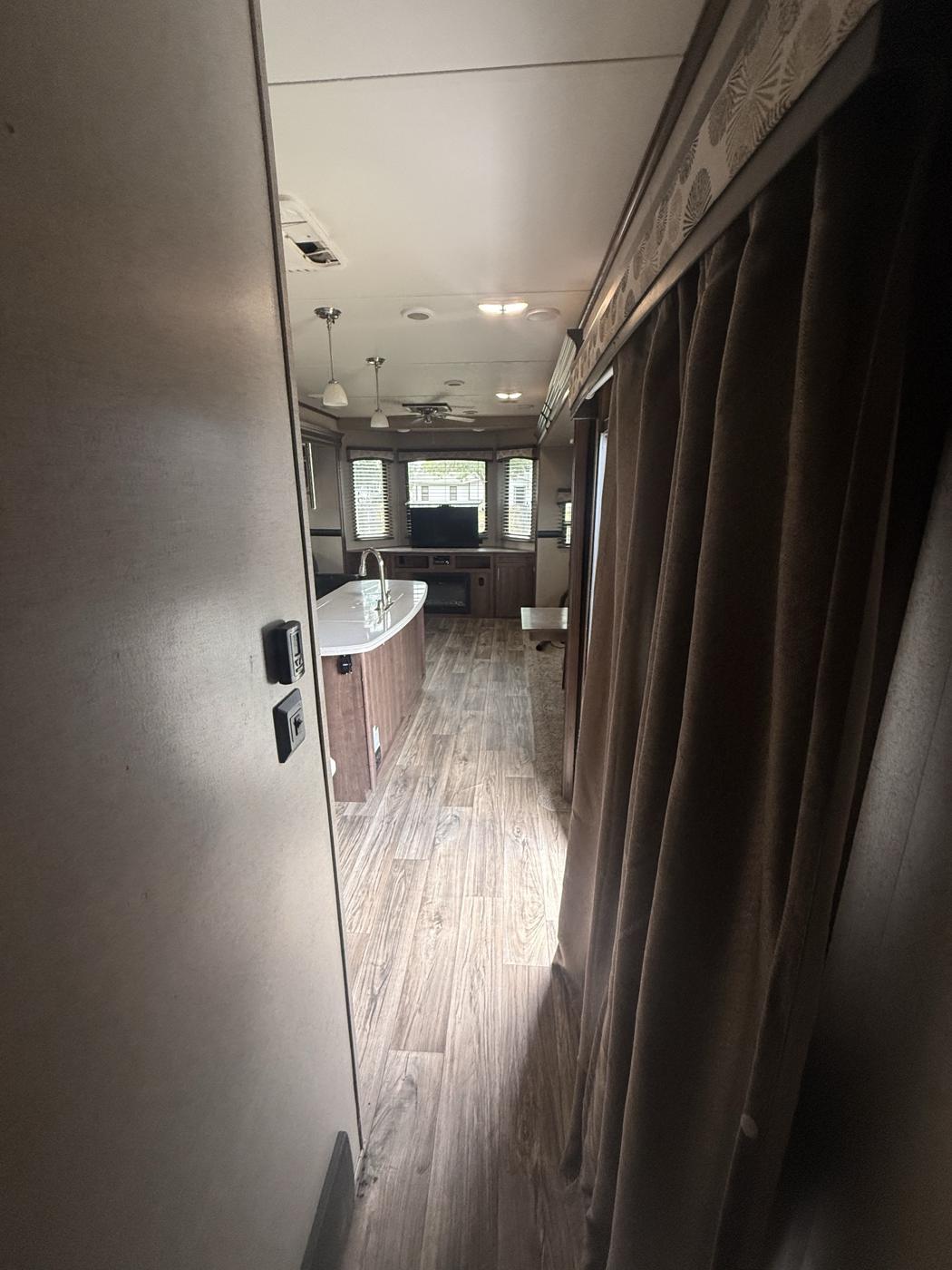 View down the length of the trailer to the living room